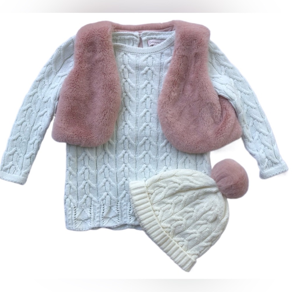 Cable kit dress with pink, faux fur vest. Matching hat! 18 months